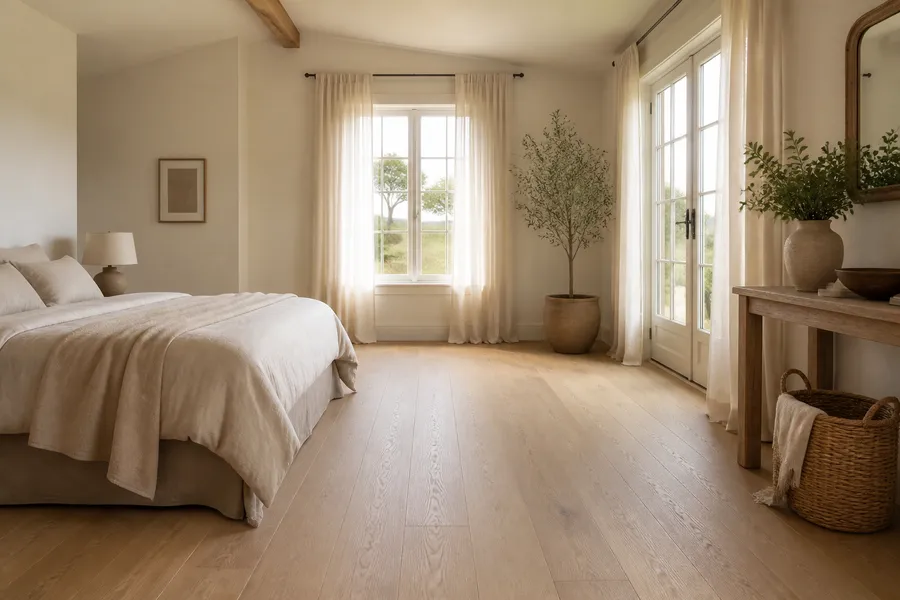 Warm wooden floor over underfloor heating in a bright Dutch living room